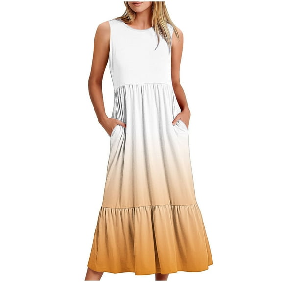Lindreshi Summer Dresses for Women 2024 Women's Fashionable Sleeveless Pocket Round Neck Printing Loose Long Dress