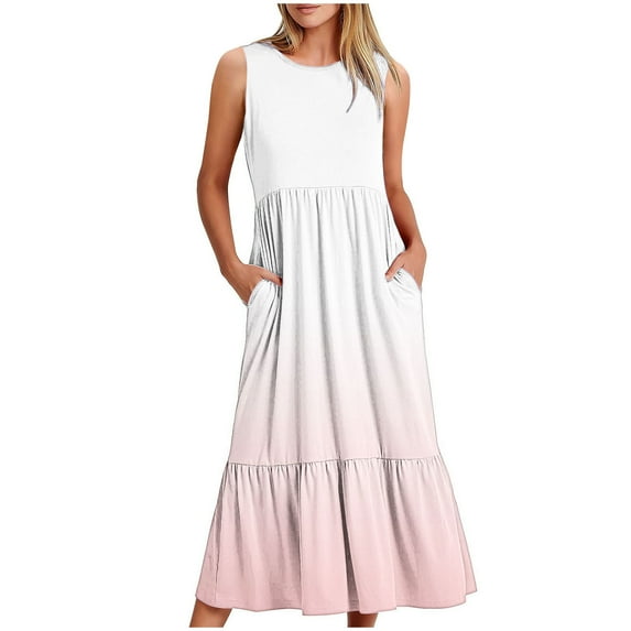 Lindreshi Summer Dresses for Women 2024 Women's Fashionable Sleeveless Pocket Round Neck Printing Loose Long Dress