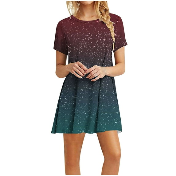 Lindreshi Summer Dresses for Women Clearance under 10.00 Fashion Women's Dresses Summer Casual Rounk Neck Short Sleeve Printing Dress