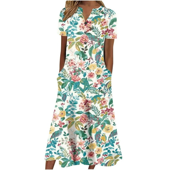 Lindreshi Summer Dresses for Women with Pockets Women's Summer Casual V-Neck Buttons Short Sleeve With Pocket Printed Dresses