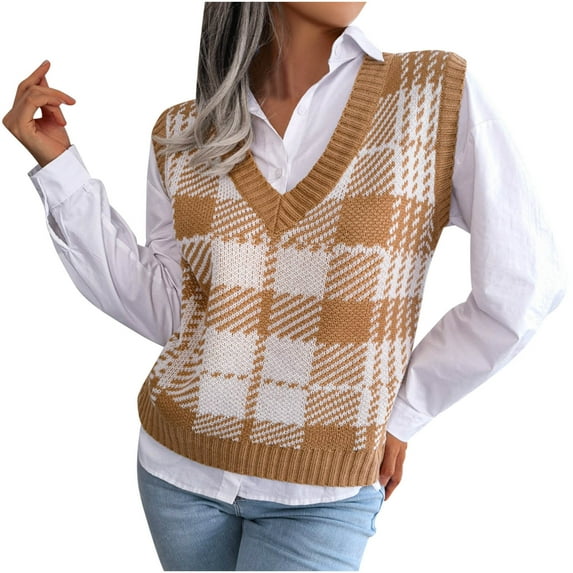 Lindreshi Sweater Vest Women Women V-Neck Contrasting Plaid Knitted Sweater Casual Fashion Sleeveless Vest Jacket Coat Tops