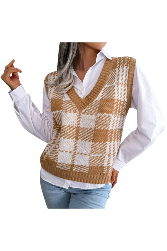 Sweater Vest Women Women V-Neck Contrasting Plaid Knitted Sweater Casual Fashion Sleeveless Vest Jacket Coat Tops