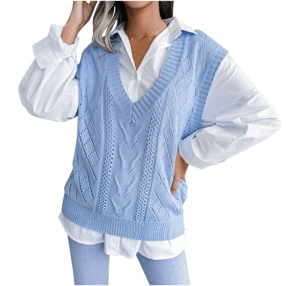Lindreshi Sweater Vest Women Women V-Neck Solid Knitted Sweater Casual Fashion Sleeveless Vest Jacket Coat Tops