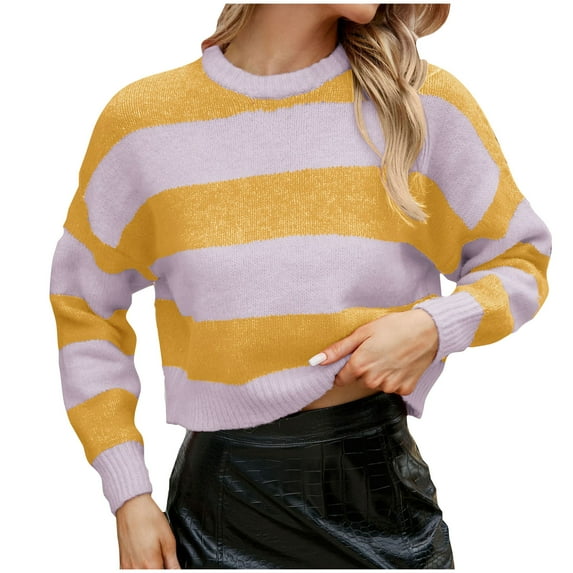 Lindreshi Sweaters for Women Fall Fashion 2023 Women's Fashion Comfortable Color Block Long Sleeve Round Neck Sweater Top