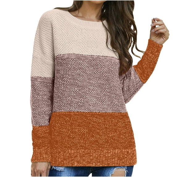 Lindreshi Sweaters for Women Trendy Clearance Women Casual Fashion Color Matching Pullover Long Sleeve Round-Neck Sweater