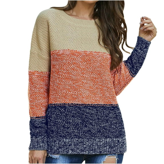 Lindreshi Sweaters for Women Trendy Clearance Women Casual Fashion Color Matching Pullover Long Sleeve Round-Neck Sweater