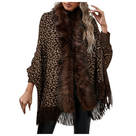 Lindreshi Sweaters for Women Trendy Clearance Women Fashion Casual Knitted Leopard Print Collar Tassels Sweater Long Sleeve Cardigan Tops