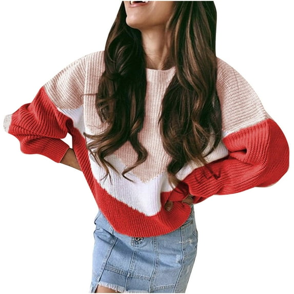 Lindreshi Sweaters for Women Trendy Clearance Women's and Winter New Style Splicing Sweater Women's Tricolor Inlaid Color Matching Knitwear Women