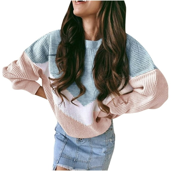 Lindreshi Sweaters for Women Trendy Clearance Women's and Winter New Style Splicing Sweater Women's Tricolor Inlaid Color Matching Knitwear Women