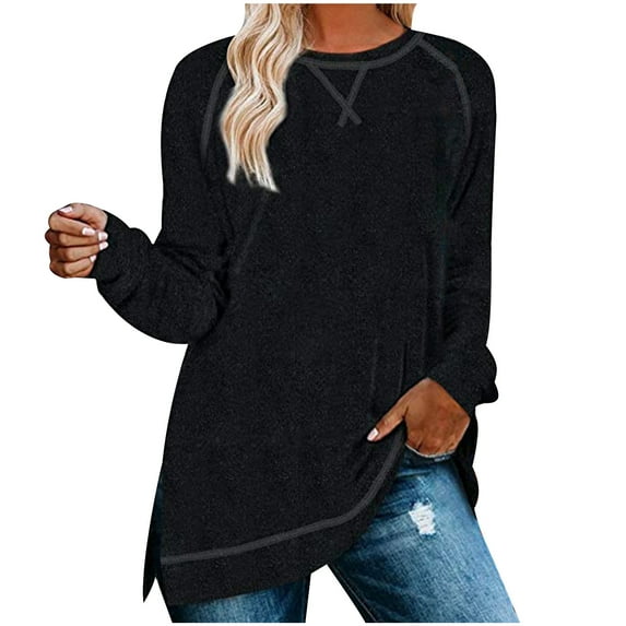 Lindreshi Sweatshirts for Women Women's Fashion Color Sweater Round Neck Long Sleeve Split