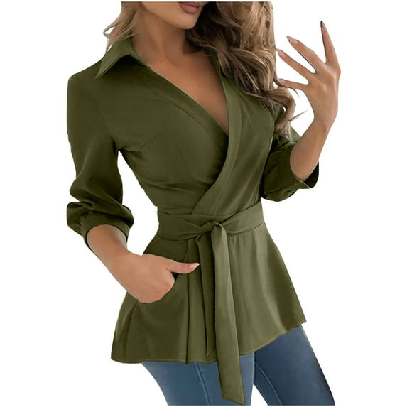 Lindreshi Sweatshirts for Women Women Casual Shirt Long Sleeve Solid Bandage V-Neck Polluer Blouse Tops with Pocket