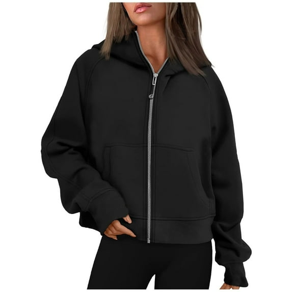 Lindreshi Sweatshirts for Women Zipper Front Women's Solid Color Fashion Pocket Sweatshirt Loose Fitness Zipper Hooded Casual Sweater
