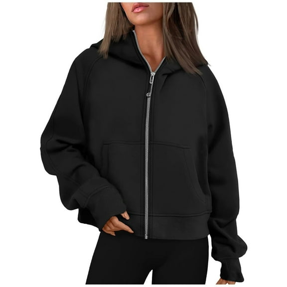 Lindreshi Sweatshirts for Women Zipper Front Women's Solid Color Fashion Pocket Sweatshirt Loose Fitness Zipper Hooded Casual Sweater