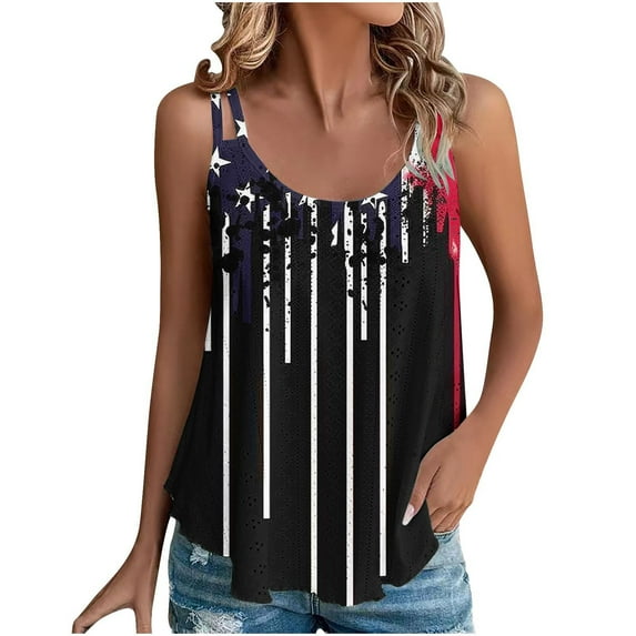 Lindreshi Tank Tops for Women 2024 Loose Fit 2024 Women's Spring and Summer New Tank Eyelet Embroidery Scoop Neck Fashion Independence Day Print Casual Fashion Top Blouse