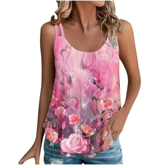 Lindreshi Tank Tops for Women 2024 Loose Fit 2024 Women's Spring and Summer New Tank Eyelet Embroidery Scoop Neck Fashion Print Casual Fashion Top Blouse