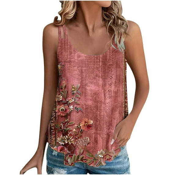 Lindreshi Tank Tops for Women 2024 Loose Fit 2024 Women's Spring and Summer New Tank Eyelet Embroidery Scoop Neck Fashion Print Casual Fashion Top Blouse