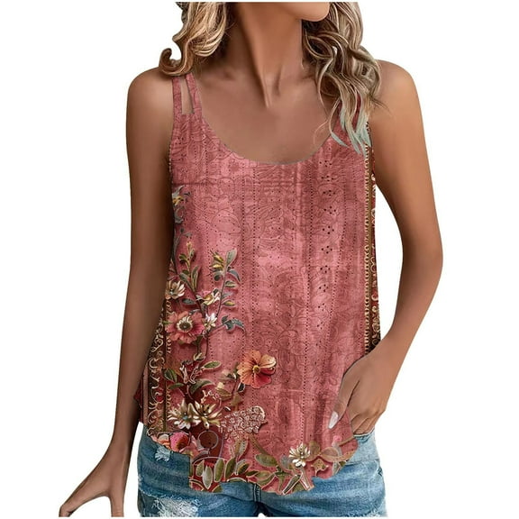Lindreshi Tank Tops for Women 2024 Loose Fit 2024 Women's Spring and Summer New Tank Eyelet Embroidery Scoop Neck Fashion Print Casual Fashion Top Blouse
