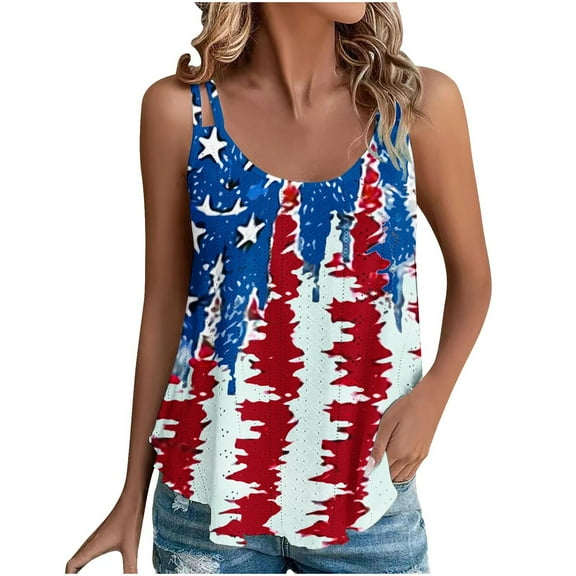 Lindreshi Tank Tops for Women 2024 Loose Fit 2024 Women's Spring and Summer New Tank Eyelet Embroidery Scoop Neck Fashion Independence Day Print Casual Fashion Top Blouse