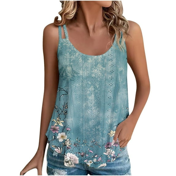 Lindreshi Tank Tops for Women 2024 Loose Fit 2024 Women's Spring and Summer New Tank Eyelet Embroidery Scoop Neck Fashion Print Casual Fashion Top Blouse
