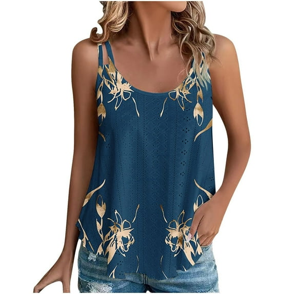 Lindreshi Tank Tops for Women 2024 Loose Fit 2024 Women's Spring and Summer New Tank Eyelet Embroidery Scoop Neck Fashion Print Casual Fashion Top Blouse