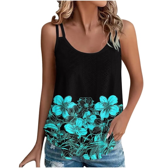 Lindreshi Tank Tops for Women 2024 Loose Fit 2024 Women's Spring and Summer New Tank Eyelet Embroidery Scoop Neck Fashion Print Casual Fashion Top Blouse