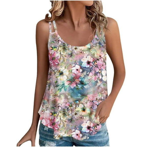 Lindreshi Tank Tops for Women 2024 Loose Fit 2024 Women's Spring and Summer New Tank Eyelet Embroidery Scoop Neck Fashion Print Casual Fashion Top Blouse