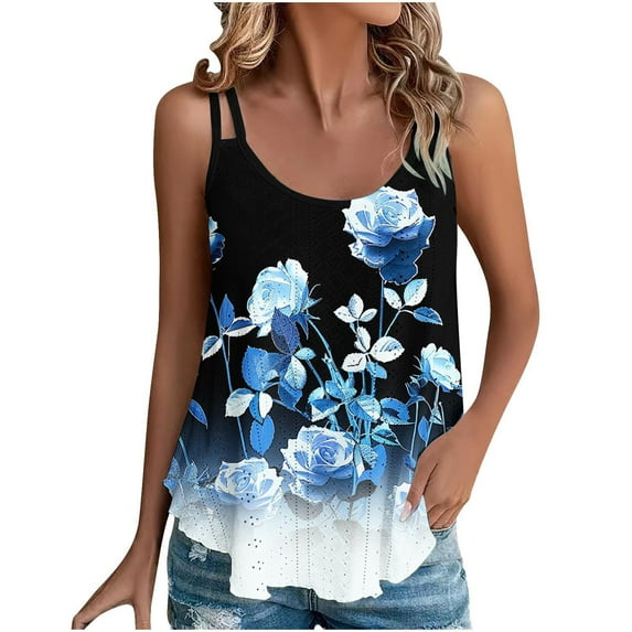 Lindreshi Tank Tops for Women 2024 Loose Fit 2024 Women's Spring and Summer New Tank Eyelet Embroidery Scoop Neck Fashion Print Casual Fashion Top Blouse