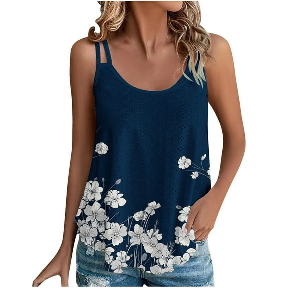 Lindreshi Tank Tops for Women 2024 Loose Fit 2024 Women's Spring and Summer New Tank Eyelet Embroidery Scoop Neck Fashion Print Casual Fashion Top