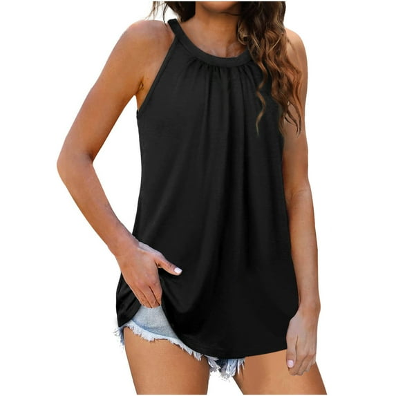 Lindreshi Tank Tops for Women 2024 Women Solid Sleeveless Halter Tops Pleated Pullover Vest Tank Tops Shirts Blouse