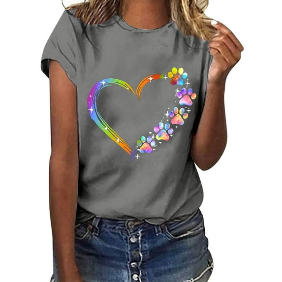 Lindreshi Valentines Day Shirts Womens Fashion Women Summer Loose Print Round-Neck T-Shirt Short Sleeve Casual Blouse