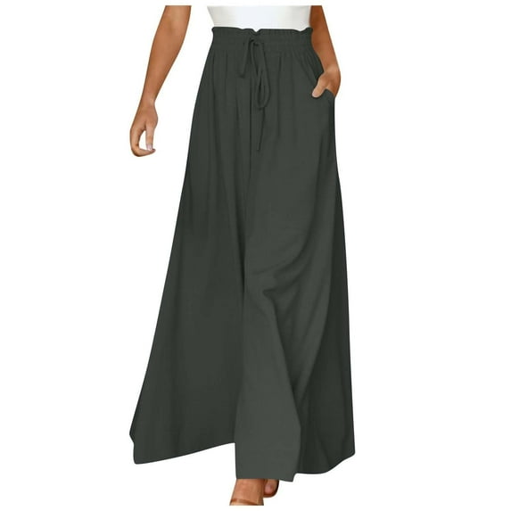 Lindreshi Wide Leg Pants for Women Womens Fashion Summer Casual Drawstring Pocket Elastic Waist Long Wide Leg Pants