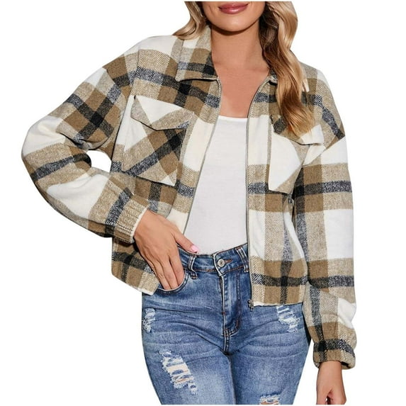 Lindreshi Winter Coats for Women 2023 Trendy Women's 2022 European and American and Winter New Casual Short Women's Printed Plaid Pocket Zipper Jacket