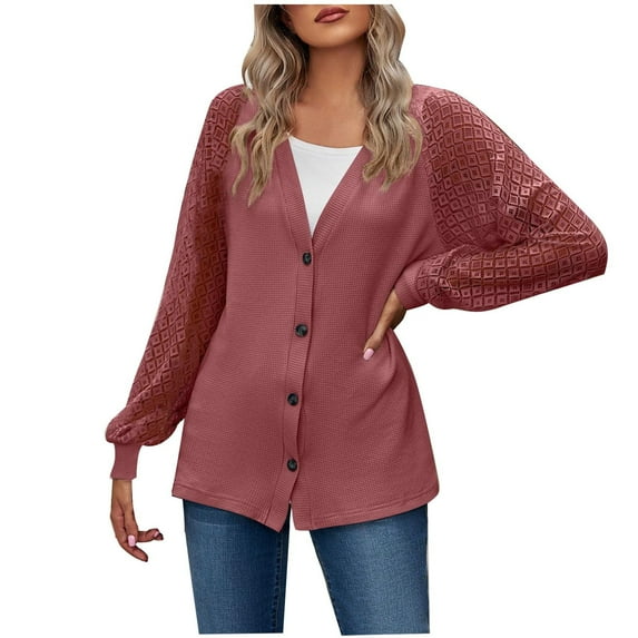 Lindreshi Winter Coats for Women 2023 Trendy Women鈥檚 and Winter Sleeve Solid Color Loose Button Lace Patchwork Cardigan Top