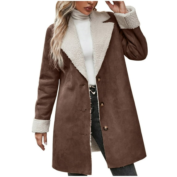 Lindreshi Winter Coats for Women Trendy Women Winter Warm Composite Plush Button Lapel Collar Jacket Outwear Coat