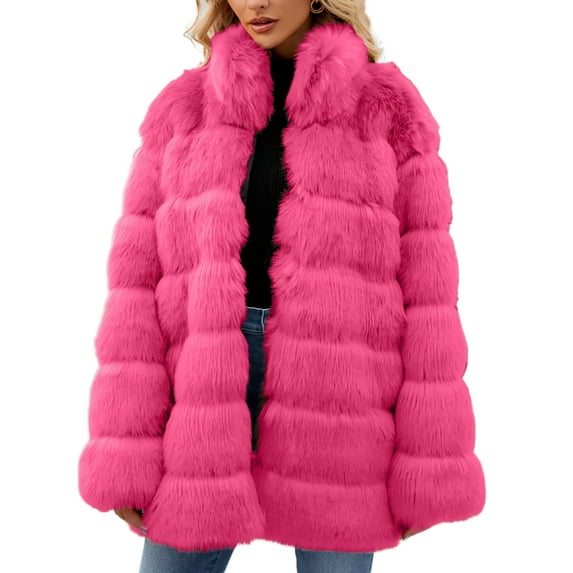 Lindreshi Winter Coats for Women Trendy Womens Ladies Warm Faux Furry Long Coat Jacket Winter Solid V-Neck Outerwear