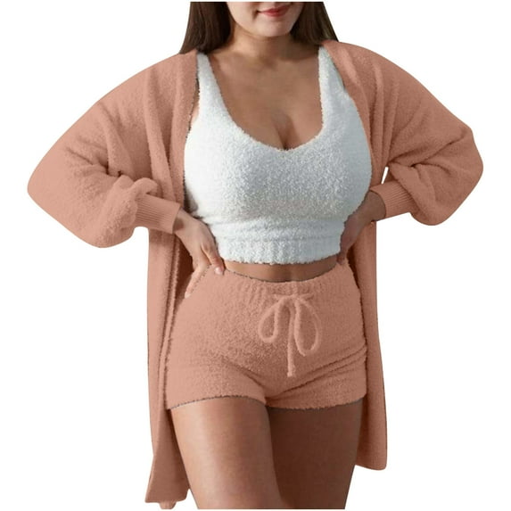 Lindreshi Winter Pajamas for Women Womens Lingeries Women's Casual Sports Double-Sided Velvet Hooded Long Sleeve Two-piece Pajama Jacket Shortshooded Jacket