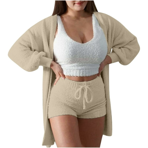 Lindreshi Winter Pajamas for Women Womens Lingeries Women's Casual Sports Double-Sided Velvet Hooded Long Sleeve Two-piece Pajama Jacket Shortshooded Jacket/jacket Coat Pants Suit Set