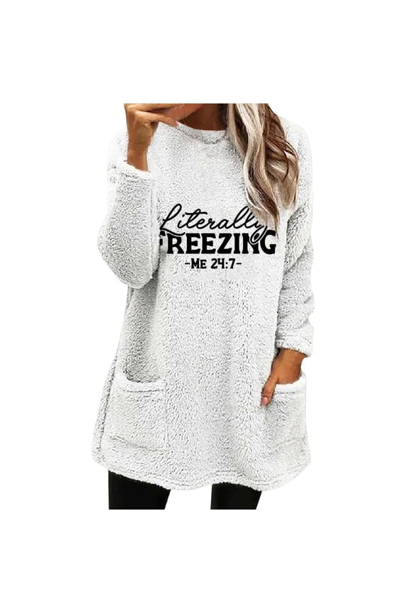 Winter Pajamas for Women Women's Fashion Classic Print Winter Round Neck Pocket Long Sleeve Thickened Warm Coat Tops