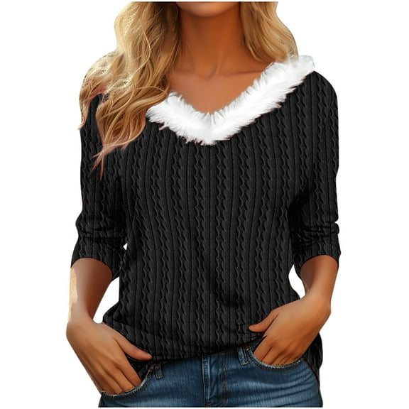 Lindreshi Winter Pajamas for Women Womens Winter Solid Long Sleeve V-Neck Casual Plush Blouse Tunic Tops