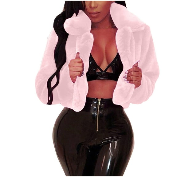 Lindreshi Winter Shackets for Women Clearance Women Coat Fluffys Fleece Turn-down Collar Faux Furs Top Short Loose Coat