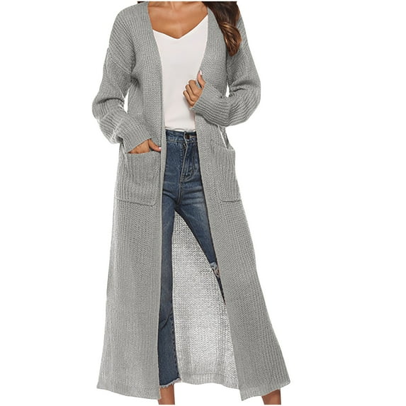 Lindreshi Winter Sweaters for Women Women's Solid Color Cardigan Sweater with Slit Large Pockets Long Thin Coat
