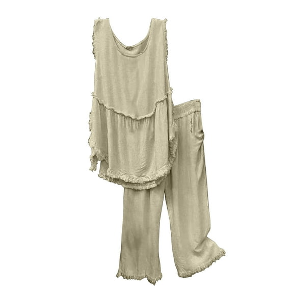 Lindreshi Womens 2 Piece Outfit Summer Women's Solid Crewneck Sleeveless Pullover Shirt Tops + Pants Trousers Set