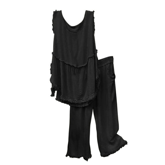 Lindreshi Womens 2 Piece Outfit Summer Women's Solid Crewneck Sleeveless Pullover Shirt Tops + Pants Trousers Set