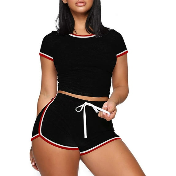 Lindreshi Womens 2 Piece Outfit Summer Women's Summer Casual Large Solid Color Patchwork Short Sleeved Shorts Two Piece Set