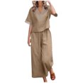 thumbnail image 1 of Lindreshi Womens 2 Piece Outfits for Summer Clearance Women's Fashion Suit Loose Cotton and Linen Lace Splicing Shirt Pants Two-Piece Set, 1 of 5
