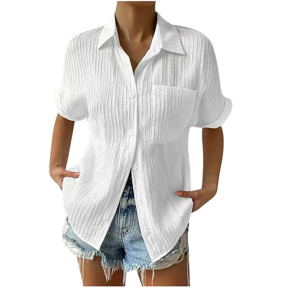 Lindreshi Womens Button down Shirt Short Sleeve Women's Solid Color Short Sleeved Loose Fitting Shirt Button V-Neck Solid Color Shirt Tops