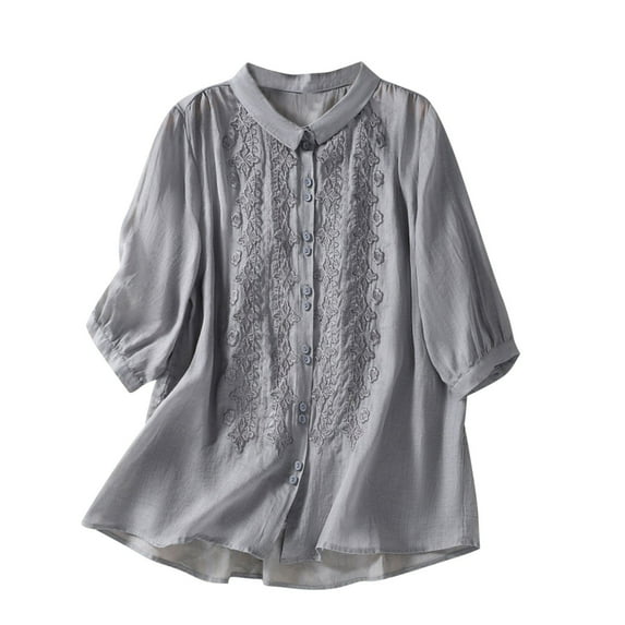 Lindreshi Womens Button down Shirt Short Sleeve Womens Casual Loose Fashion T-Shirt Seven Cent Sleeve Button Pockets Tops Cotton and Linen Blouse