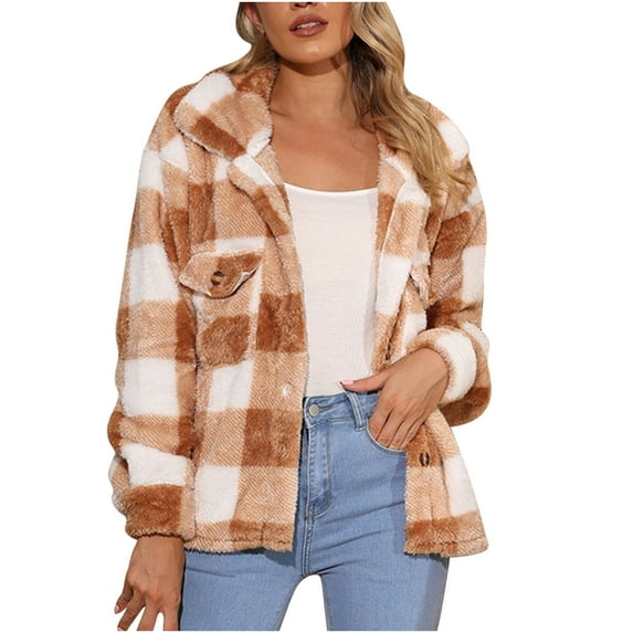 Lindreshi Womens Fall Fashion 2025 Plaid Shacket Jacket Women Women's Lapel Double Pocket Fall Winter Plush Zipper Cardigan Lapel Plush Plaid Jacket
