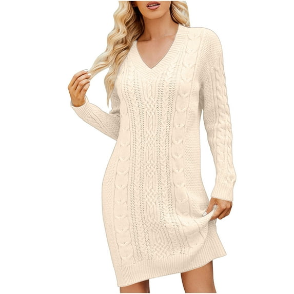 Lindreshi Womens Fall Fashion Sweater Dress Women's Fashion Twisted Flower Bottom V-Neck Long Knitted Dress