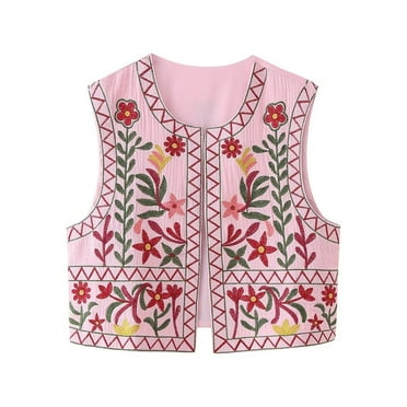 Lindreshi Womens Floral Embroidered Vest Boho Vintage Sleeveless Women's Vintage Embroidered Boho Open Front Cropped Vests Top Sleeveless Floral Cardigan 2024